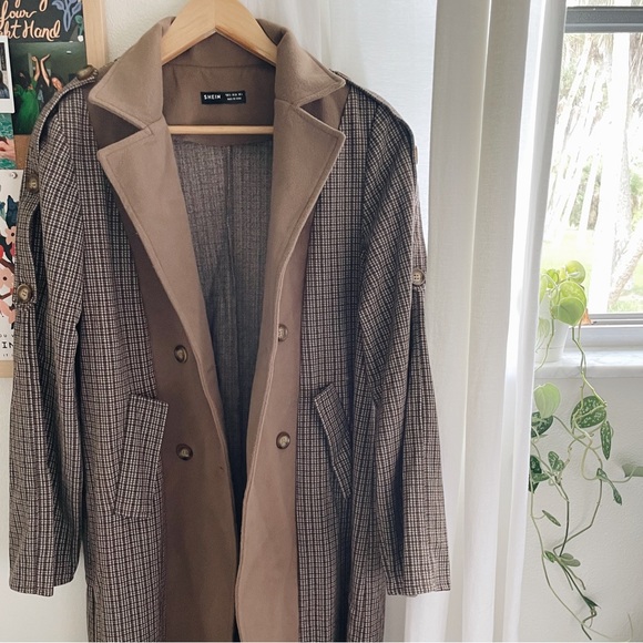 🍂 SHEIN | brown plaid oversized button down trench coat - Picture 1 of 11